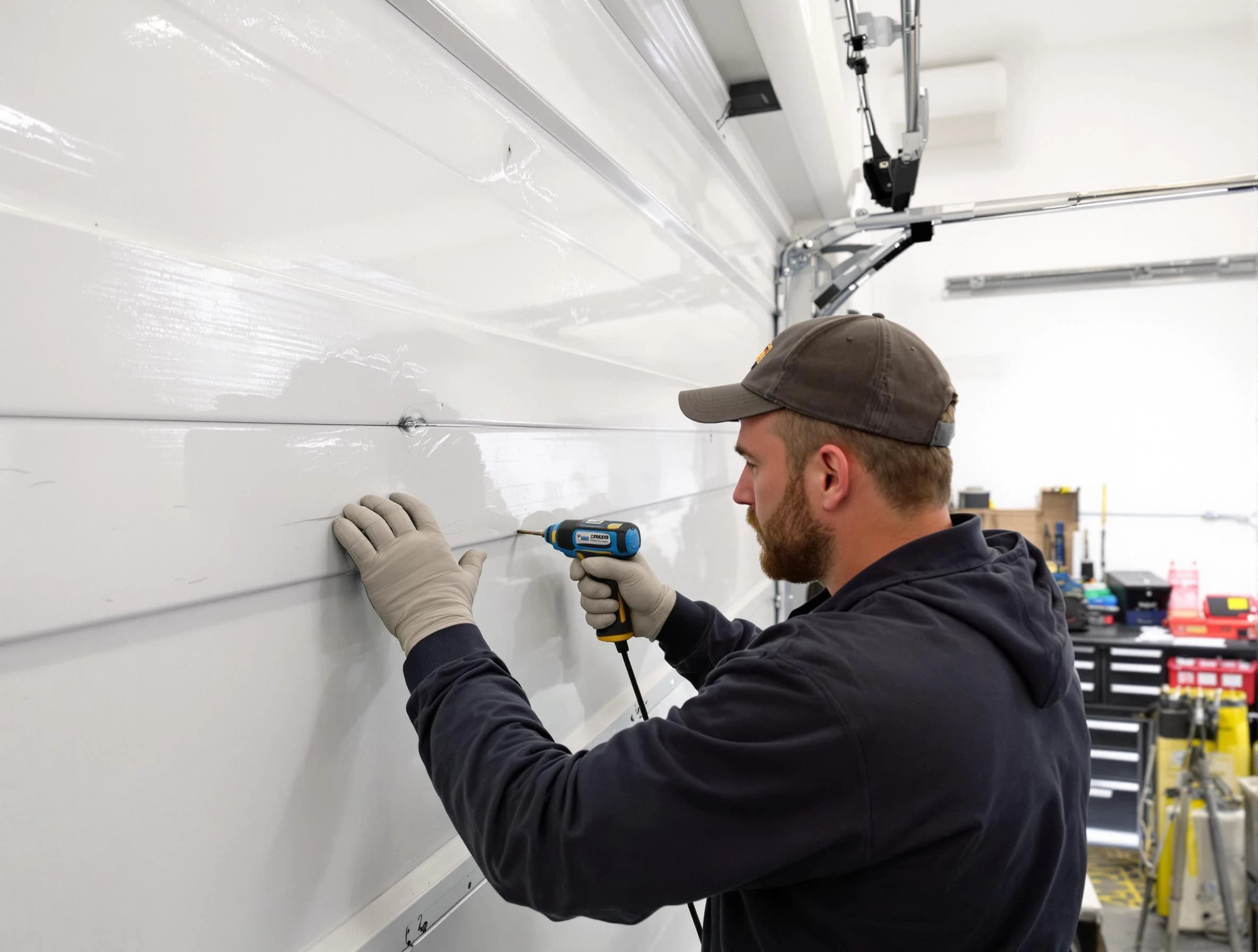 Riverton Garage Door Repair technician demonstrating precision dent removal techniques on a Riverton garage door